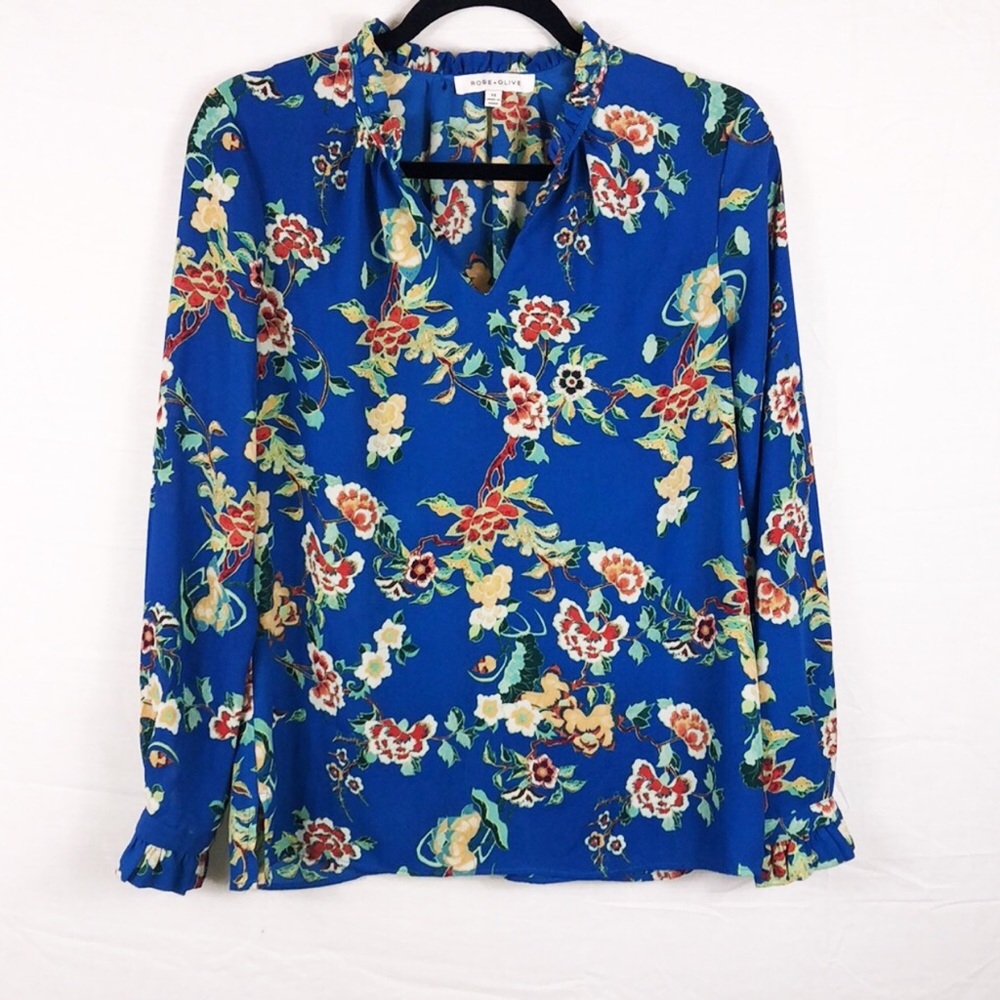 Rose + Olive Blouse - Floral Print - Blue Green